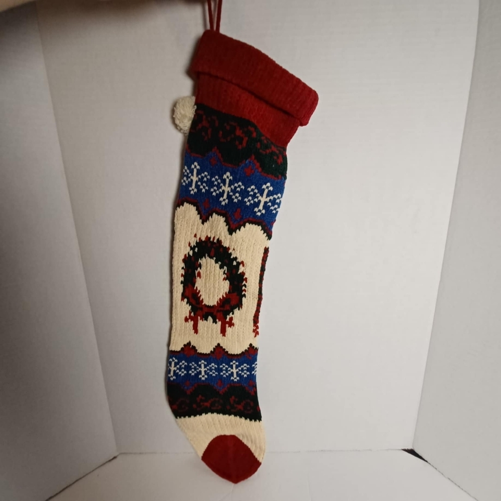 2 Christmas Stocking Knitted Vintage Sock Soft‎ Rustic Cabin Retro Wreath Bell
